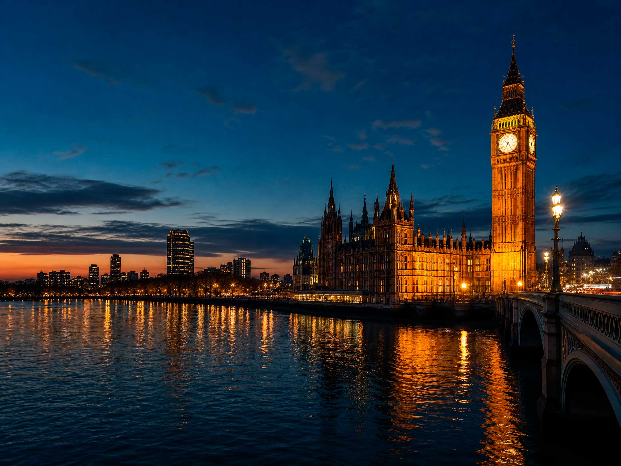 Big Ben iluminado em Londres ao anoitecer